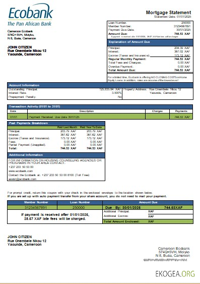 Relevé hypothécaire de la banque Ecobank Cameroun scr